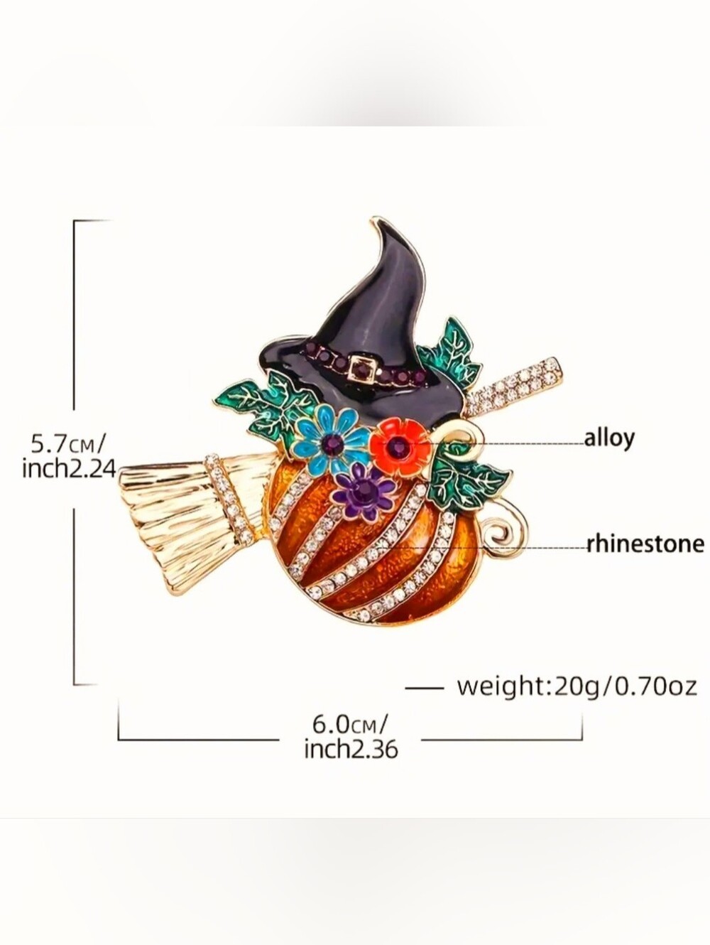 Halloween Witch Pumpkin Broomstick Enamel Brooch - Orange, Black, Green - Picture 5 of 5